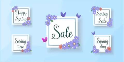 Set of flat and hand drawn spring cards and labels for season sale. Spring Sale Stock Illustration