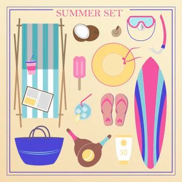 A set of flat beach summer items. Accessories for beach holidays by the sea Stock Illustration