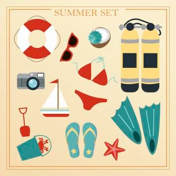 A set of flat beach summer items. Accessories for beach holidays by the sea Stock Illustration