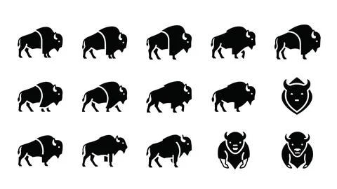 Set of flat black icons featuring various bison silhouettes in different pose Stock Illustration