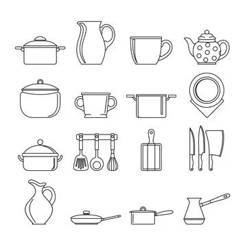 Set flat black line dishes items Stock Illustration