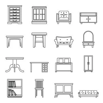 Set flat black line office and house furniture Stock Illustration