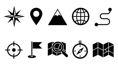 Set of flat black navigation and map exploration interface icons. Stock Illustration