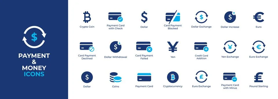 Set of flat blue and dark financial payment icons for banking and digital c.. Stock Illustration