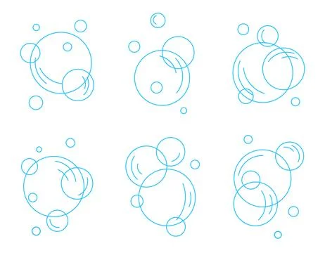 Set of flat blue line bubbles. Soap foam, carbonated drink, oxygen bubble p.. Stock Illustration