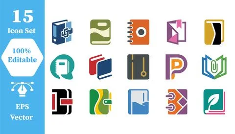Set of flat book and diary collection icons with notebook education literatur Stock Illustration