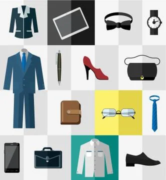 Set of flat business work clothes and accessories icons Stock Illustration