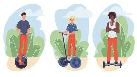 Set of flat cartoon characters ride modern vehicles,vector illustration concept Stock Illustration