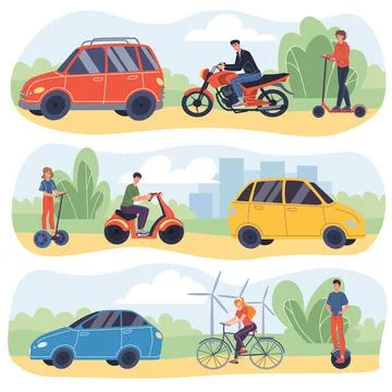Set of flat cartoon characters on various modern vehicles,vector illustration Stock Illustration