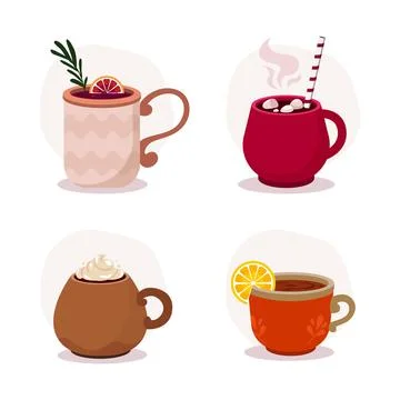 Set of flat cartoon cups with drink. Tea cup with lemon piece. Winter mulled Stock-Illustration