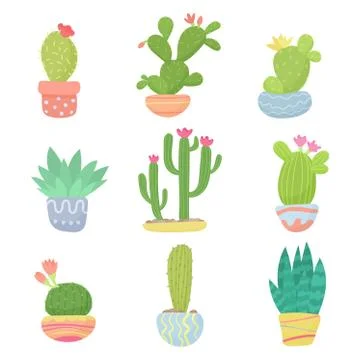Set of flat cartoon cute desert or home pot cactus vector illustration. 스톡 일러스트