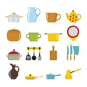 Set flat cartoon dishes items Stock Illustration