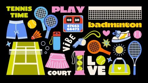 Set of flat cartoon illustrations and stickers for tennis and badminton. Stock Illustration
