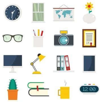 Set flat cartoon office and house items Stock Illustration