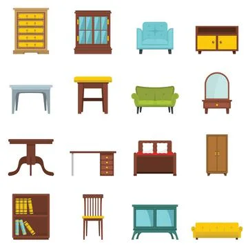 Set flat cartoon office and house furniture Stock Illustration