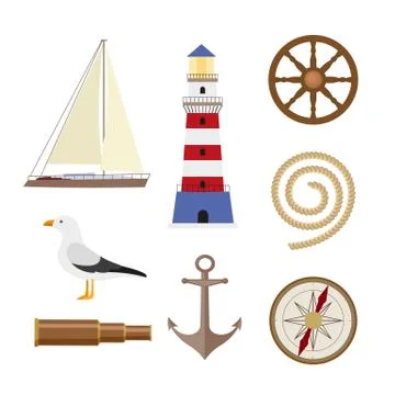 Set of flat cartoon style nautical objects Stock Illustration