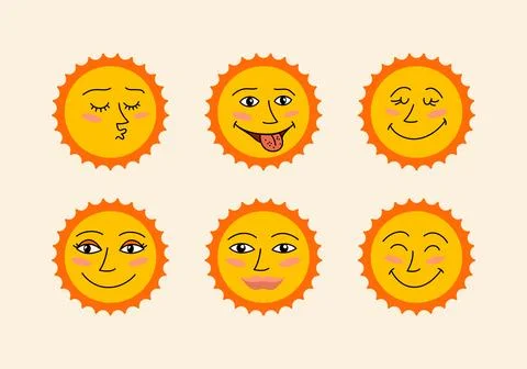Set of flat cartoon suns with unique, funny and cute facial expressive faces. Stock Illustration