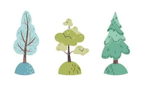 Set of flat cartoon trees on white background. Children s illustration of spr Stock Illustration