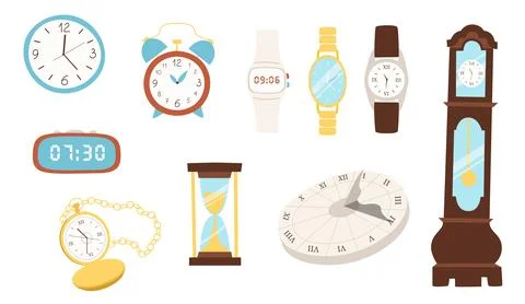 Set of flat clock. Vector set isolated on a white background. Vintage and d.. Stock Illustration