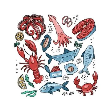 Set of flat color doodle hand drawn rough simple seafood sketches. Vector ill Illustrazione stock