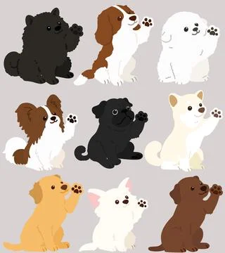 Set of flat colored adorable dogs sitting and waving hand Stock Illustration
