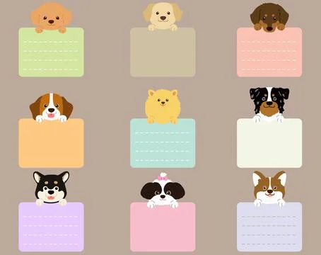 Set of flat colored cute and simple dog heads with front paws holding a note Stock Illustration