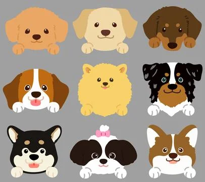 Set of flat colored cute and simple dog heads with front paws Stock Illustration