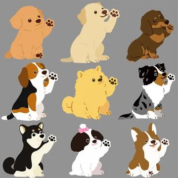 Set of flat colored cute and simple dog sitting waving hand Stock Illustration