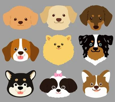 Set of flat colored cute and simple dog heads Stock Illustration