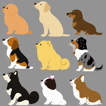 Set of flat colored cute and simple dog sitting in side view Stock Illustration