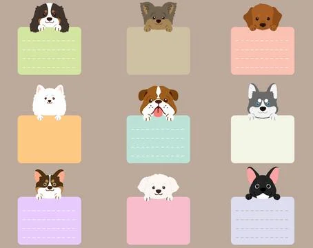 Set of flat colored cute and simple dog heads with front paws holding a note Stock Illustration