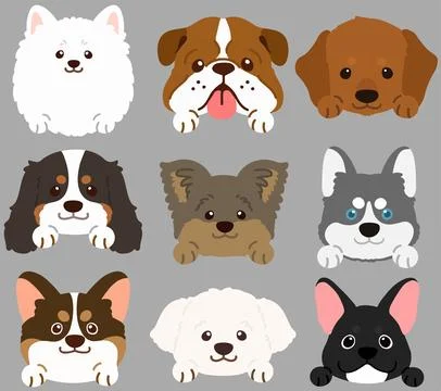 Set of flat colored cute and simple dog heads with front paws Stock Illustration