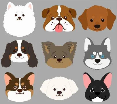 Set of flat colored cute and simple dog heads Stock Illustration