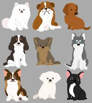 Set of flat colored cute and simple dogs sitting in front view Stock Illustration