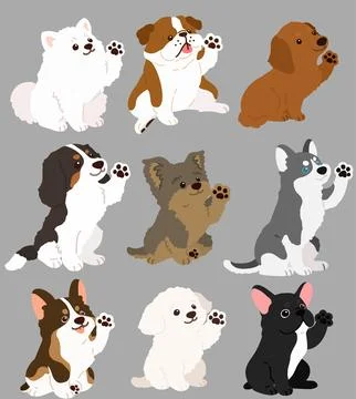 Set of flat colored cute and simple dogs sitting and waving hand Stock Illustration