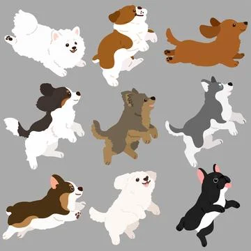 Set of flat colored cute and simple dogs jumping and playing Stock Illustration