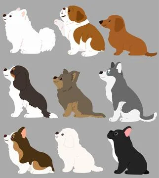 Set of flat colored cute and simple dogs sitting in side view Stock Illustration