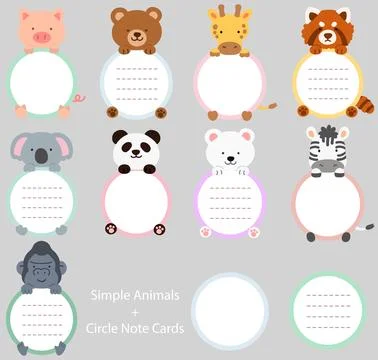 Set of flat colored cute and simple animals holding a circle note cards Stock Illustration