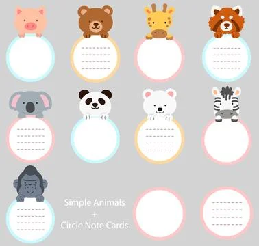 Set of flat colored cute and simple animals holding a circle note cards Stock Illustration