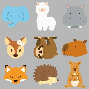 Set of flat colored cute and simple animal faces illustrations Stock Illustration