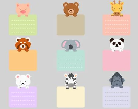 Set of flat colored cute and simple animals holding a rectangle note cards Stock Illustration