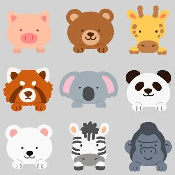 Set of flat colored cute and simple animal faces with front paws and hands Stock Illustration