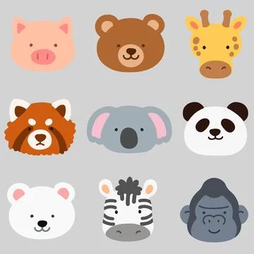 Set of flat colored cute and simple animal faces Stock Illustration
