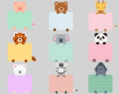Set of flat colored cute and simple animals holding a rectangle note cards Stock Illustration