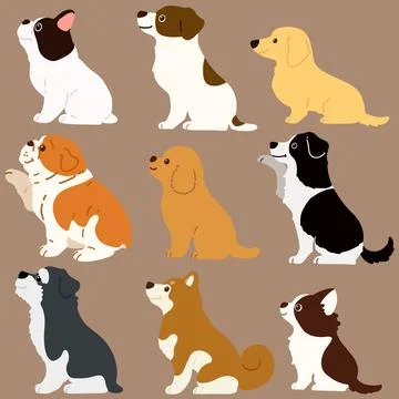 Set of flat colored cute dogs sitting in side view illustrations Stock Illustration
