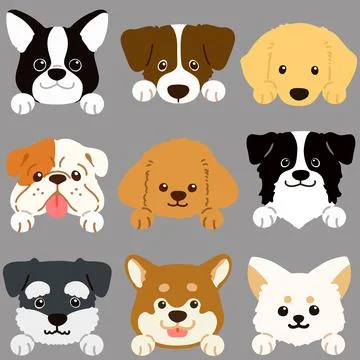 Set of flat colored dog face illustrations with paws Stock Illustration