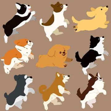 Set of flat colored dogs jumping and playing illustrations Stock Illustration