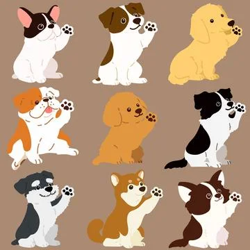 Set of flat colored dogs sitting and shaking hand illustrations Stock Illustration