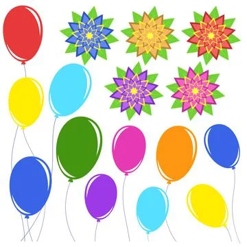 Set of flat colored isolated balloons on ropes and abstract flowers. Stock Illustration