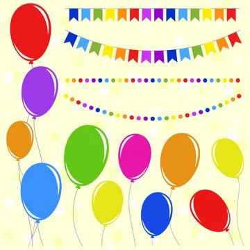 Set of flat colored isolated balloons on ropes and garlands of flags. Stock Illustration